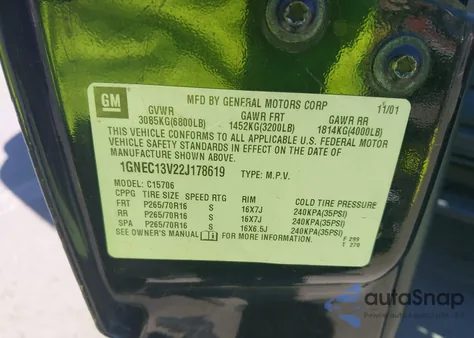 2002 Chevrolet Tahoe Ls z USA, uszkodzony, nr VIN 1GNEC13V22J178619